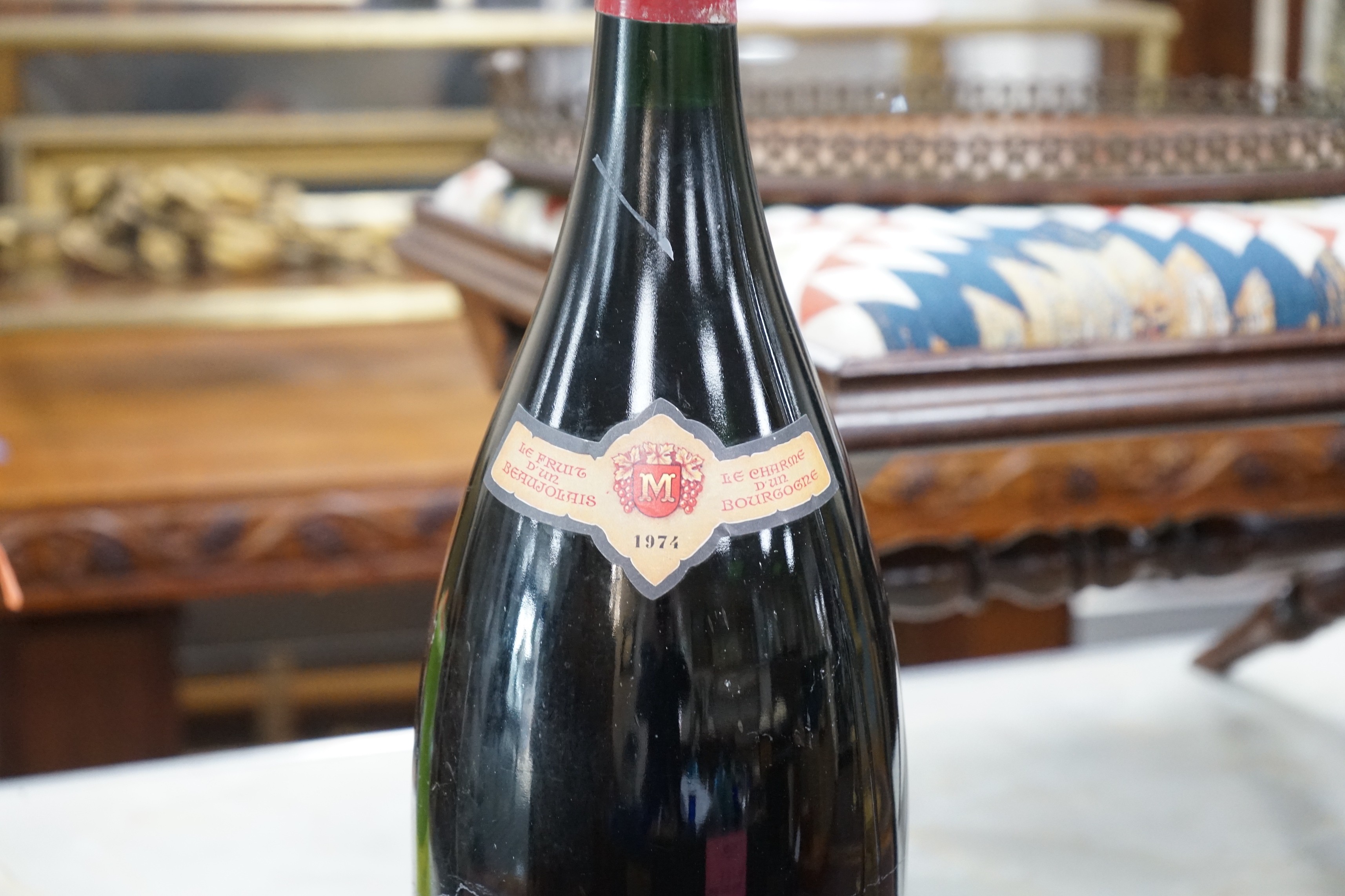 A large bottle of 1974 Morgon Cru de Beaujolais, probably a Mathusalem (6 litres), 58cm